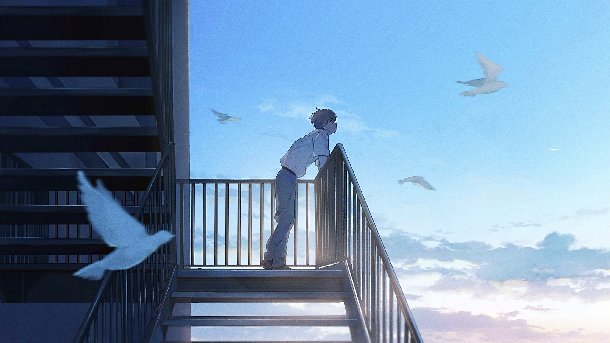 an animestyle illustration of a young man standing on a building rooftop at sunset. he is leaning against the railing, gazing out at the sky filled with birds. the scene is bathed in a soft, warm light, creating a peaceful and contemplative mood.