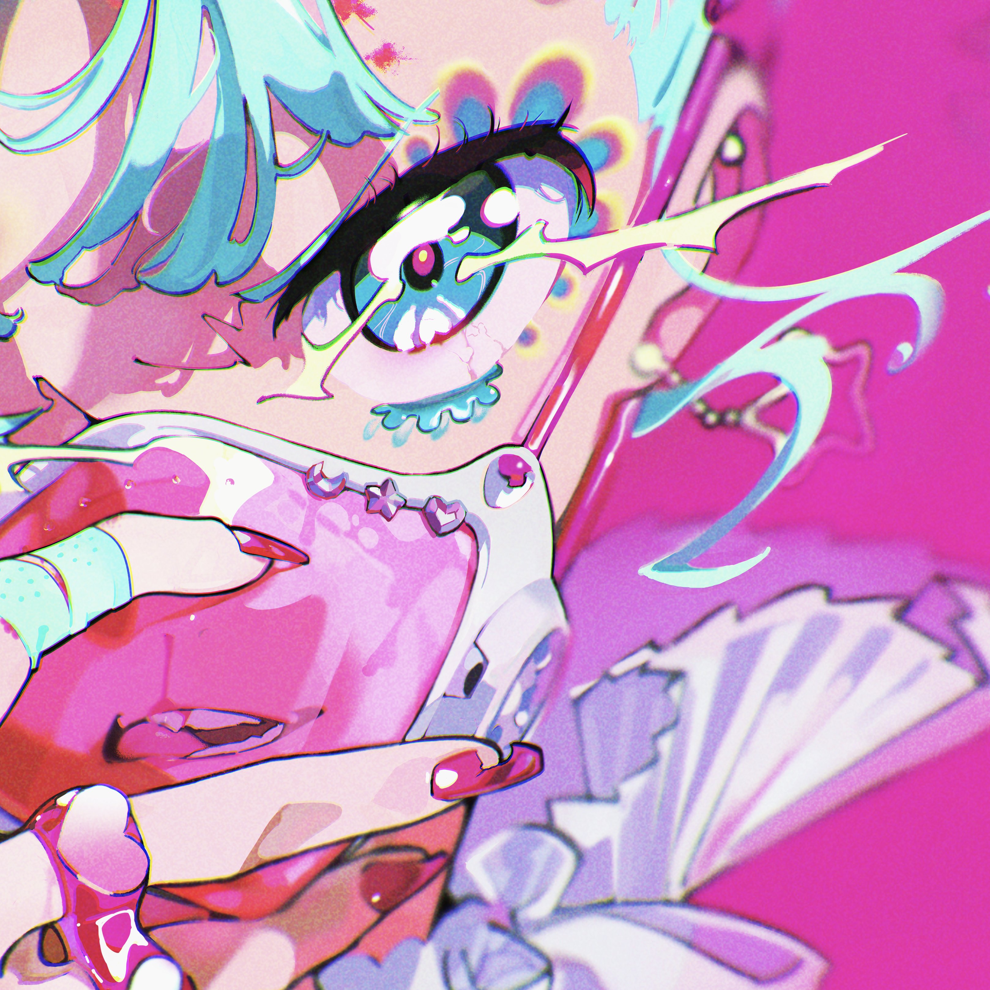 a digital illustration of a girl with blue hair and bright pink makeup. she is wearing a mask, and a white top. the background is bright pink. the girl's eye is vibrant and colorful, and her face is painted with neon designs. the overall feeling of the image is futuristic and cyberpunk.
