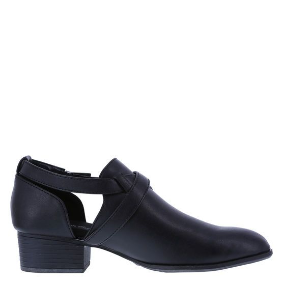 a black, heeled shoe with a block heel and cut out detail is shown against a white background. the shoe features an ankle strap and a sleek design.