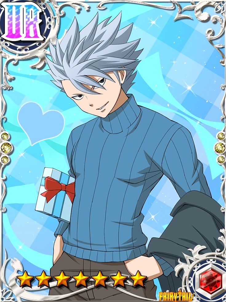 the image is a character card from the anime and manga "fairy tail".  the character is a man with white hair, blue eyes, wearing a blue sweater, brown pants, and a coat, holding a blue gift. his hair is styled in a spiky look.  the background is a blue and white checkered pattern with sparkles.  the card is bordered with a decorative silver frame and has a small red ruby.