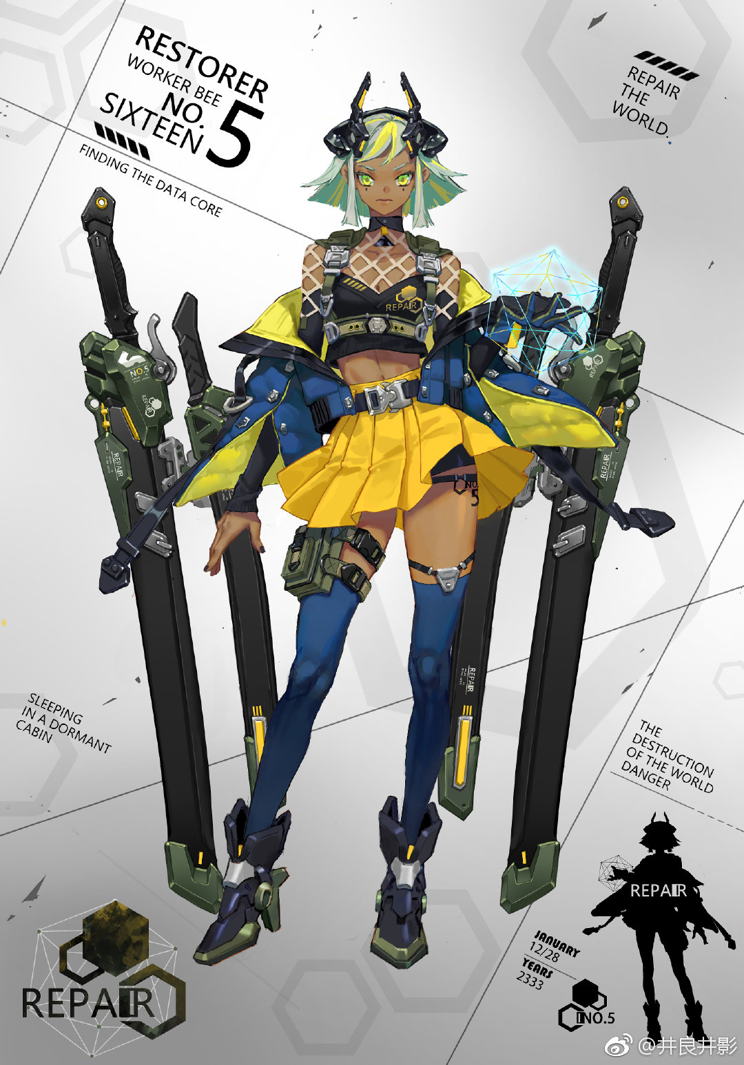 a digital illustration showcasing a female character design set against a clean white backdrop. she sports a vibrant outfit with a yellow skirt and blue accents, reflecting a futuristic or cyberpunk aesthetic. two large swords are prominently displayed beside her, while smaller blades adorn her robotic arms. textual elements provide context, revealing her as "restorer worker bee no. 5" with a mission to find a data core. the overall presentation is akin to a character design sheet, offering a detailed look at her appearance and hinting at her role within a larger narrative.