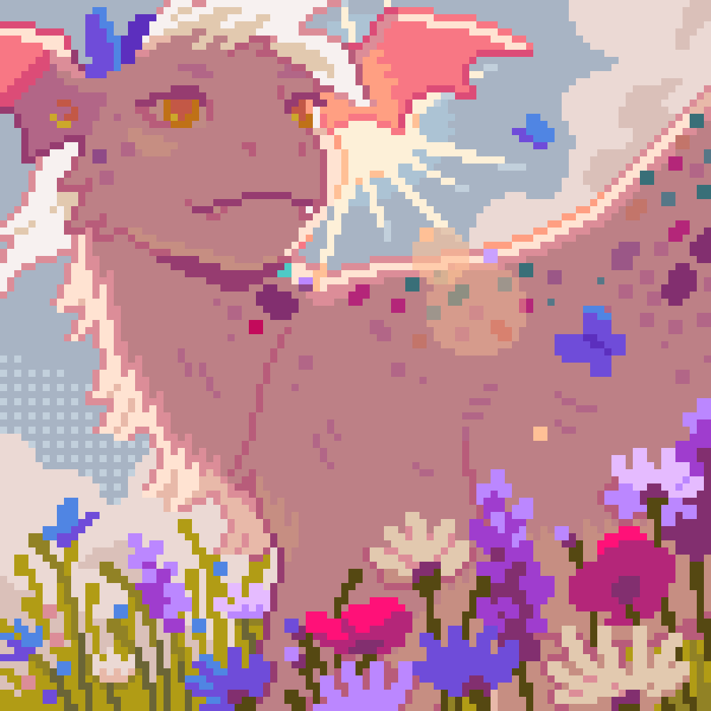 a pixel art image of a pink dragon with blue horns and wings standing in a field of wildflowers. the dragon is facing to the left of the image and has a gentle expression. the sun is shining brightly in the background, casting a warm light over the scene. the overall style of the image is cute and whimsical.