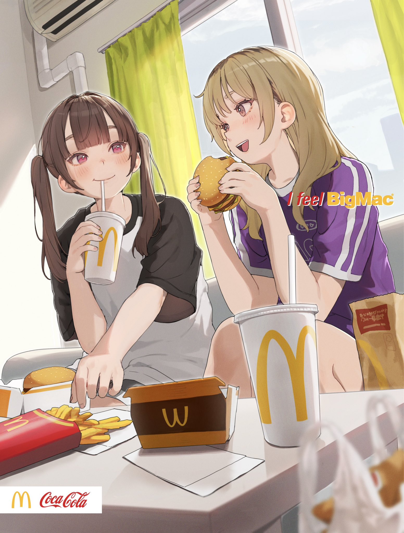 the image shows two anime girls enjoying a mcdonald's meal together. one girl is wearing a purple shirt and eating a big mac, while the other girl is drinking a cocacola and eating french fries. they are sitting at a table in a room with yellow curtains and a window.  the illustration is in a soft, colorful style typical of anime artwork.  various mcdonald's branded items are visible, including packaging and cups.