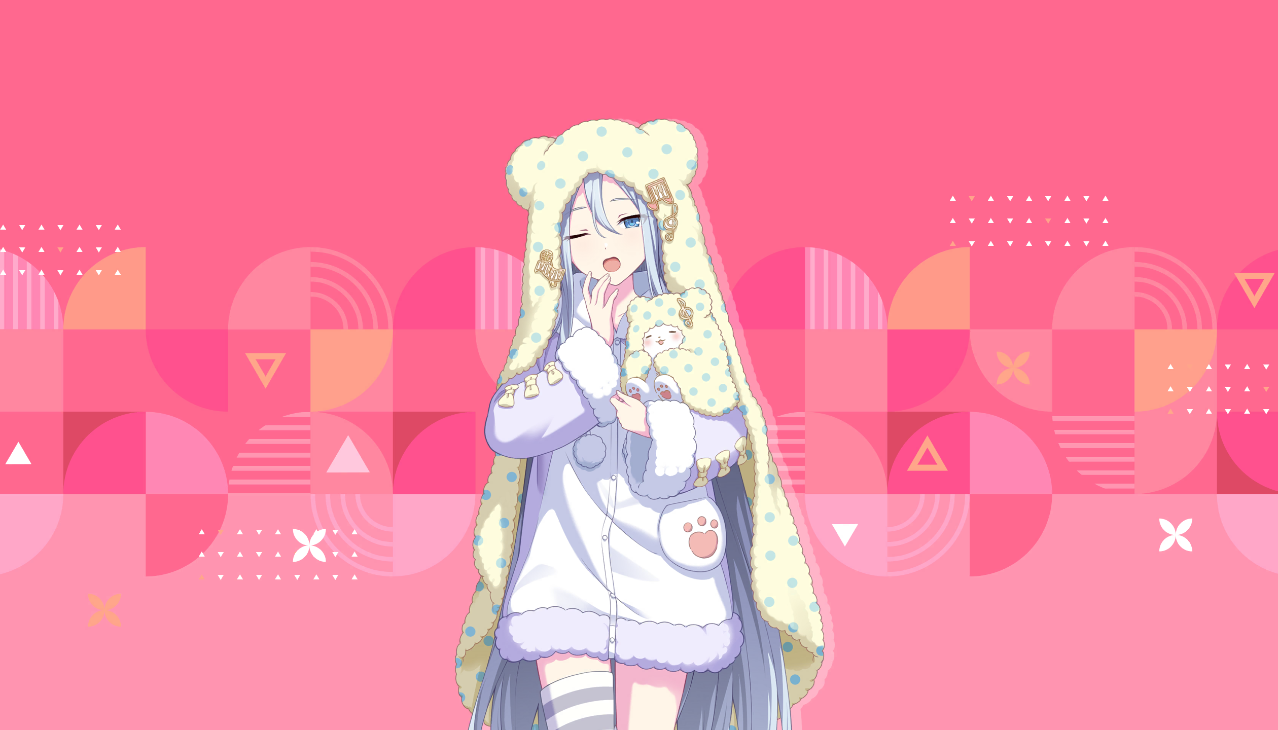 an anime girl with long, light blue hair is wearing a white pajama set with a fuzzy, polkadotted hood featuring bear ears. she is holding a matching plush toy. she is winking with one eye closed. the background is pink and decorated with a variety of geometric shapes in different shades of pink, peach, and white.