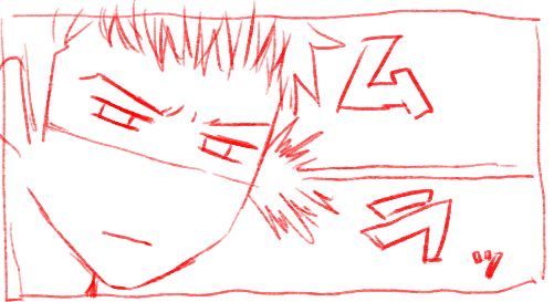 a red line drawing of a mangastyle male face. he appears to be angry, with narrowed eyes and a furrowed brow. japanese sound effects are drawn next to his head, suggesting he is yelling.