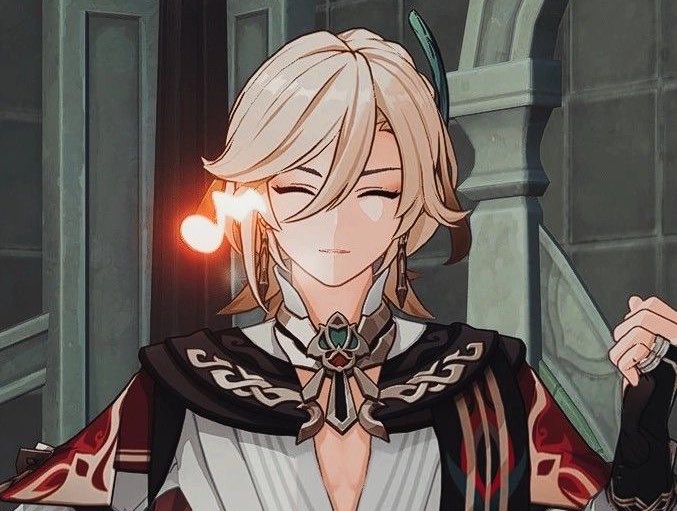 the image is a stylized closeup of scaramouche (also known as the wanderer) from the video game genshin impact.  he's depicted with his signature blond hair and elaborate, dark red and black clothing featuring ornate details.  he has a gentle, smiling expression, and a glowing musical note is near his face, suggesting music or perhaps a playful, lighthearted mood. the background is partially visible, showing a stone or architectural setting that matches the game's aesthetic. the overall style is consistent with official genshin impact art or highquality fanart.