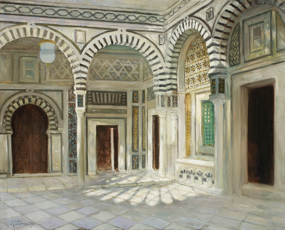the painting depicts the interior of a courtyard with islamicinspired architectural features. light streams through arched openings, casting shadows on the tiled floor. arches with black and white stripes, decorative panels, and a brown doorway are prominent elements. the space evokes a sense of serenity and intricate design.