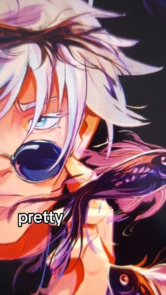 the image is a vibrant and stylized digital drawing or painting of an anime or mangastyle character. the character is a young man with long, flowing white hair, wearing sunglasses. his expression is intense. a large, stylized koi fish is prominently featured near the character's face and body. the overall color palette is a mix of vivid purples, pinks, oranges, reds, and blacks. the art style is expressive and dynamic, with a strong emphasis on line and color. the word "pretty" is overlaid on the image.