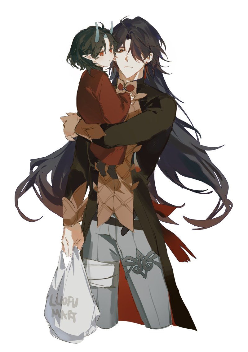 this is a digital drawing of an animestyle character, a man with long black hair and a redeyed young girl in his arms. the man is wearing a black coat over a brown and white shirt, and his pants are white and grey. the girl is wearing a red shirt, and her eyes are black. the man is smiling and holding a white shopping bag with the words “lupu mart” printed on it.
