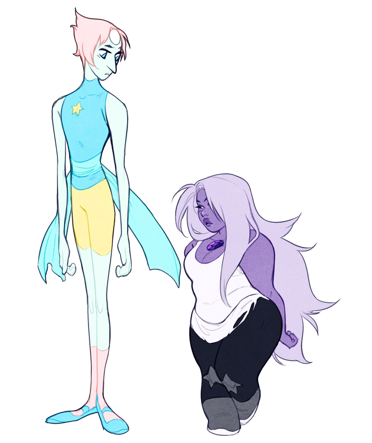 the image is a digital fan art drawing of pearl and amethyst from steven universe standing next to each other. pearl is tall and thin, drawn with blue eyes, pink hair in a bun, a long blue nose, and wearing a blue, yellow, and white outfit with blue ballet shoes. amethyst is shorter and curvy, drawn with purple skin, lilac hair, a stocky build, and wearing a white tank top, black and gray leggings, and gray boots.