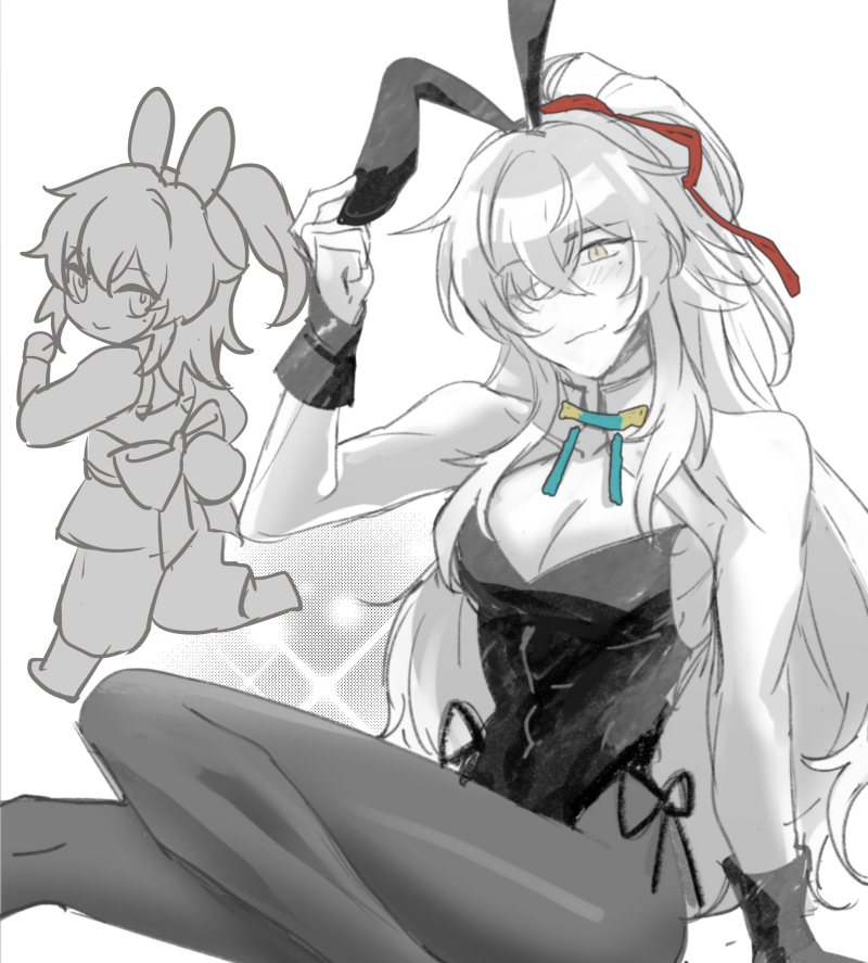 a black and white sketch of a female anime character with long white hair wearing a bunny ears headband and a black dress. she is sitting with her legs crossed and looking down. another smaller anime character is standing beside her, facing the viewer.