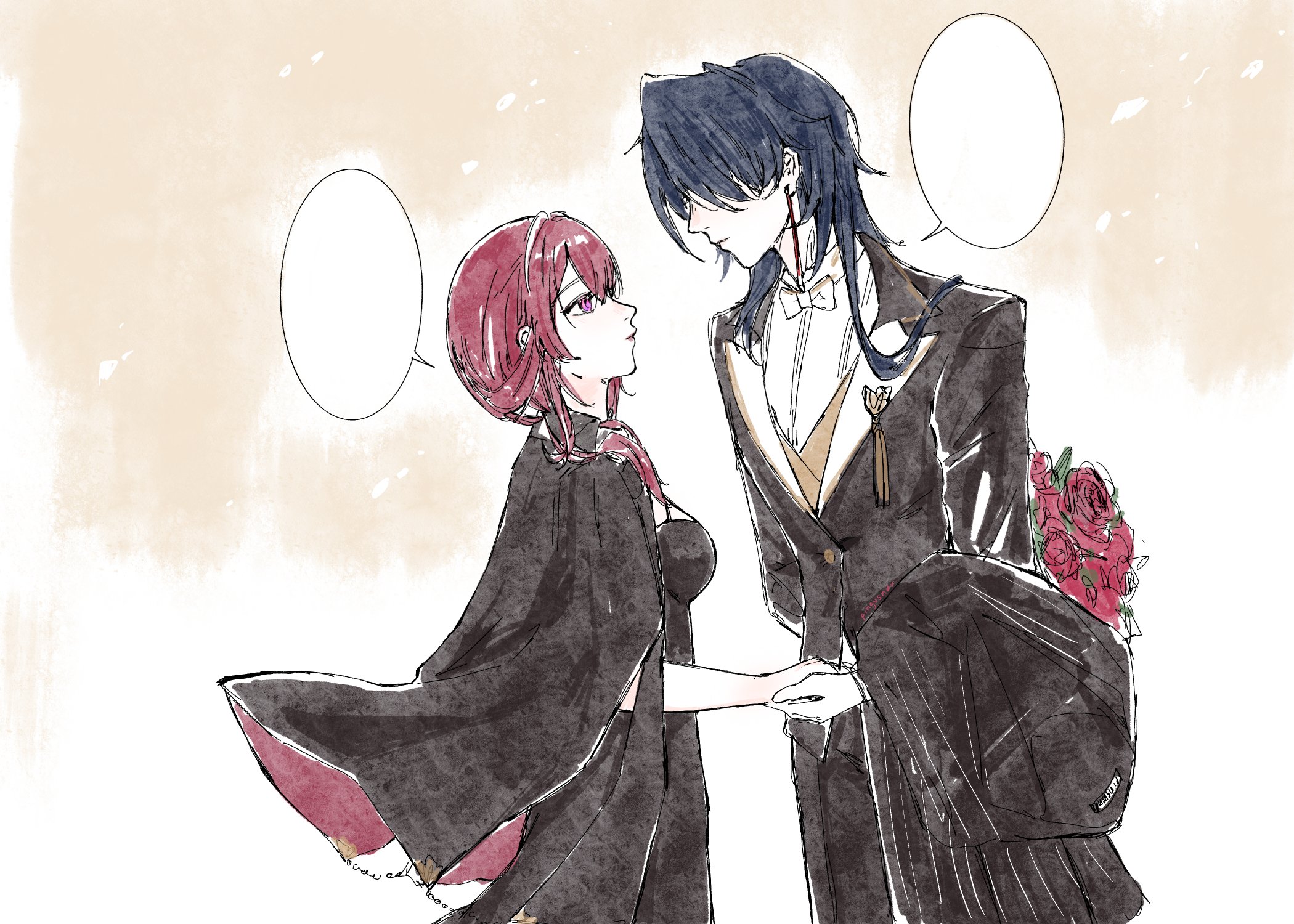 an anime illustration of a man and a woman couple standing side by side looking at each other. the man is wearing a black suit and the woman is wearing a black dress. they look very happy and loving each other. the man is holding a bunch of red roses.  the background is soft and light, and the image is drawn with a soft and delicate style.
