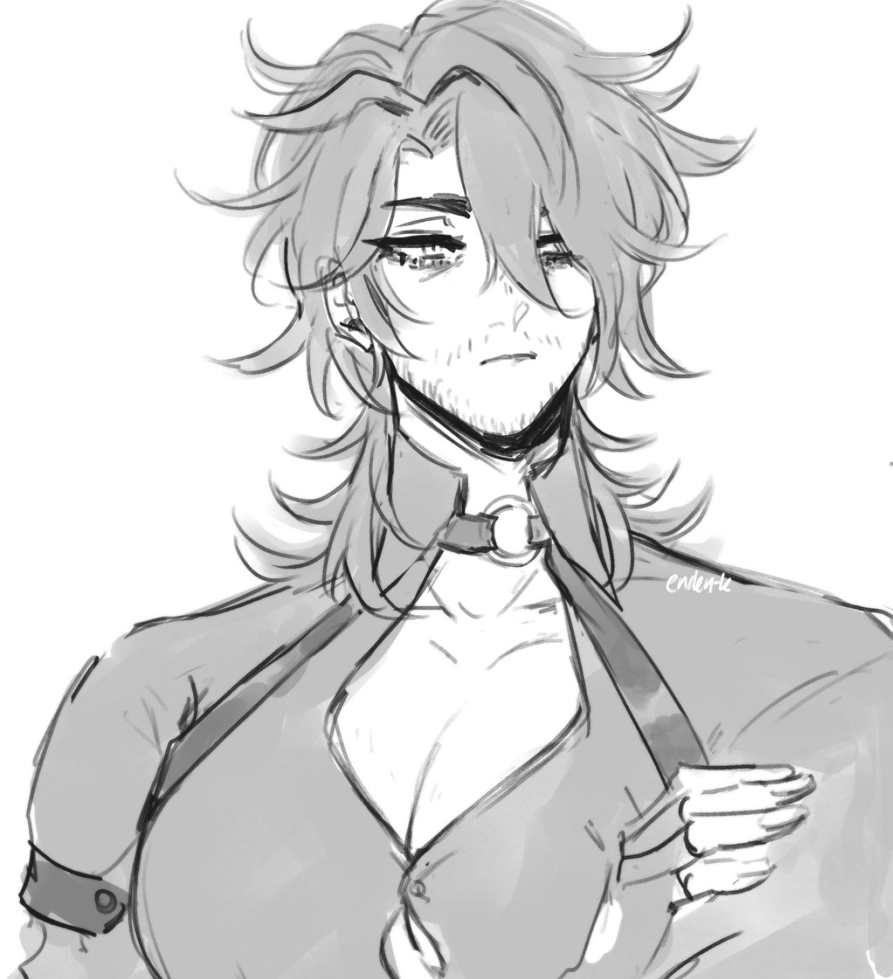 a black and white sketch of a male anime character. the character has long messy hair, a choker around their neck and is wearing a button up shirt.  the character's face is focused with a slight frown and their eyes are closed. the drawing is in a sketchy style.