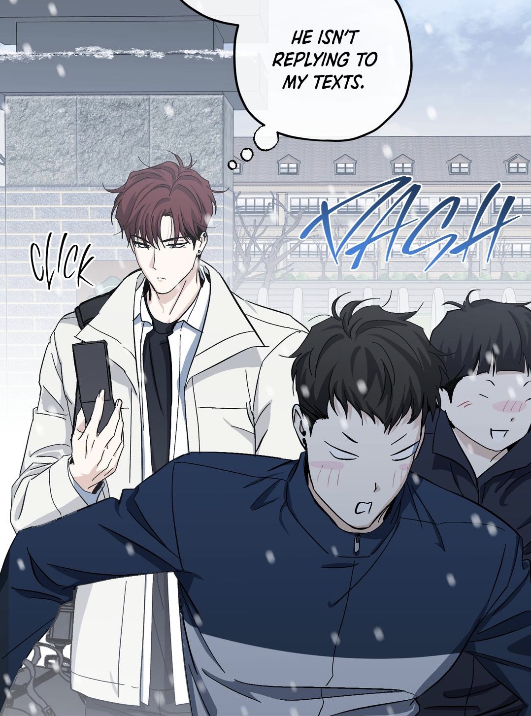 the image is a panel from a manhwa (korean webtoon) or similar style comic. it depicts three young men in winter clothing outside on a snowy street near a building. one man in a white coat is visibly upset, holding his phone and a thought bubble indicates he's not receiving replies to his text messages. another man in a dark blue jacket seems to be slightly embarrassed or nervous, while a third man in a darker jacket behind him appears happy.  the art style is clean and expressive, typical of korean webtoons.  the overall mood is a mix of romantic tension and casual friendship dynamics, hinting at a possible boys' love (bl) theme.