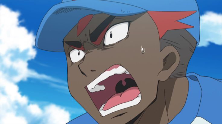 a young male anime character with a blue baseball cap is shouting with his mouth open and teeth showing. he is very angry with his eyes wide open and has a frustrated expression. he has a blue shirt on and the background is a blue sky with clouds.