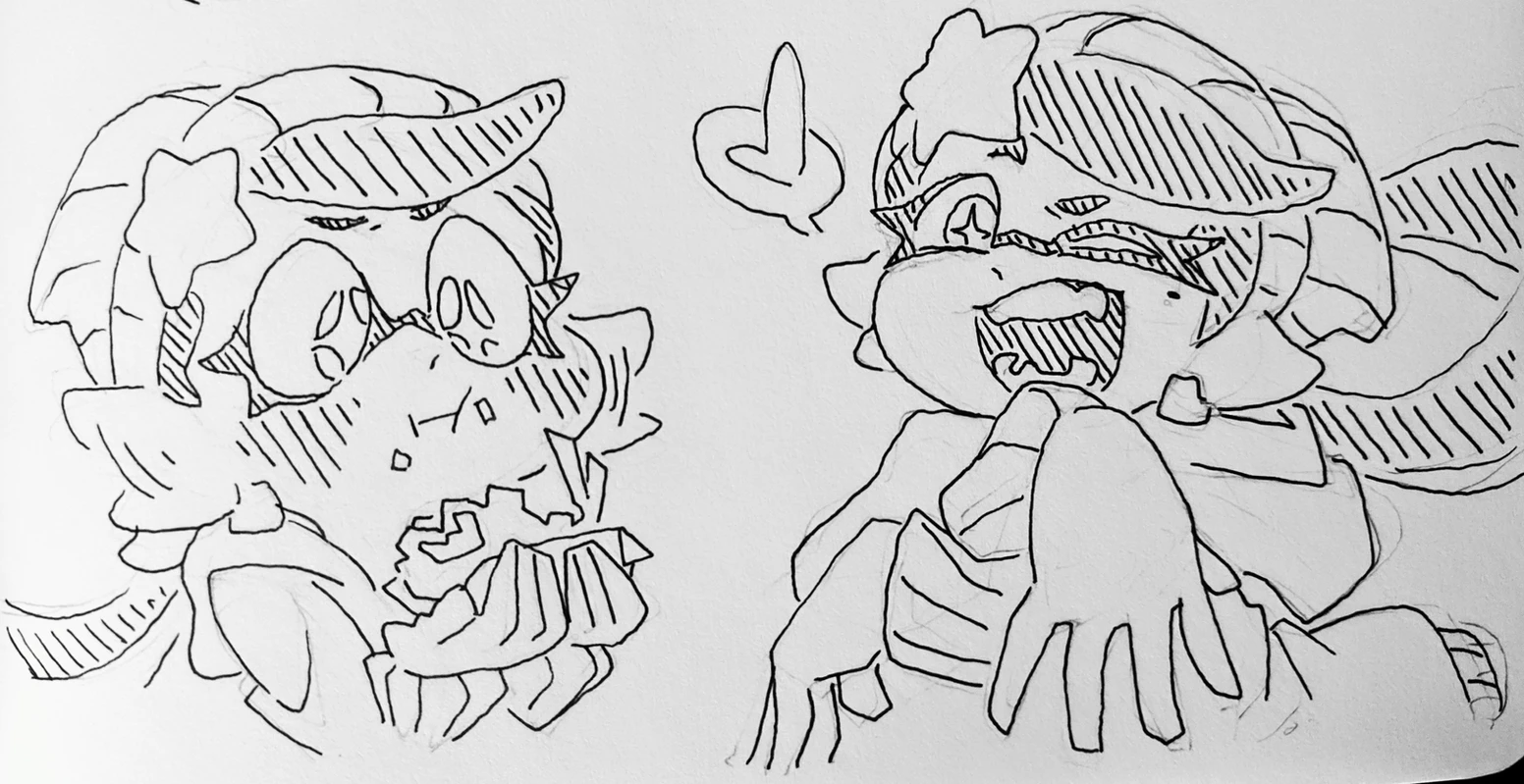 a black and white drawing of two anime girls. the girl on the left is covering her face with her hands and looking down. the girl on the right is looking at the left girl and smiling with her mouth open. both girls have big eyes. they appear to be friends.