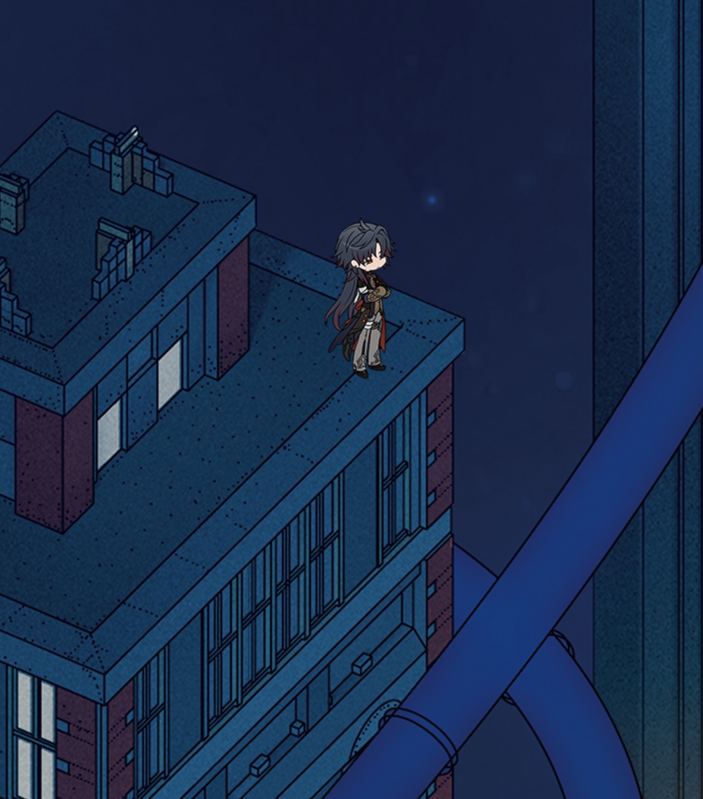 this is a digital illustration of a cartoon city at night. there is a tall building in the foreground, with a character standing on the roof. the character appears to be looking down at the street below. in the background, there are other tall buildings and a blue pipe that connects two of the buildings. the night sky is dark blue and dotted with stars.
