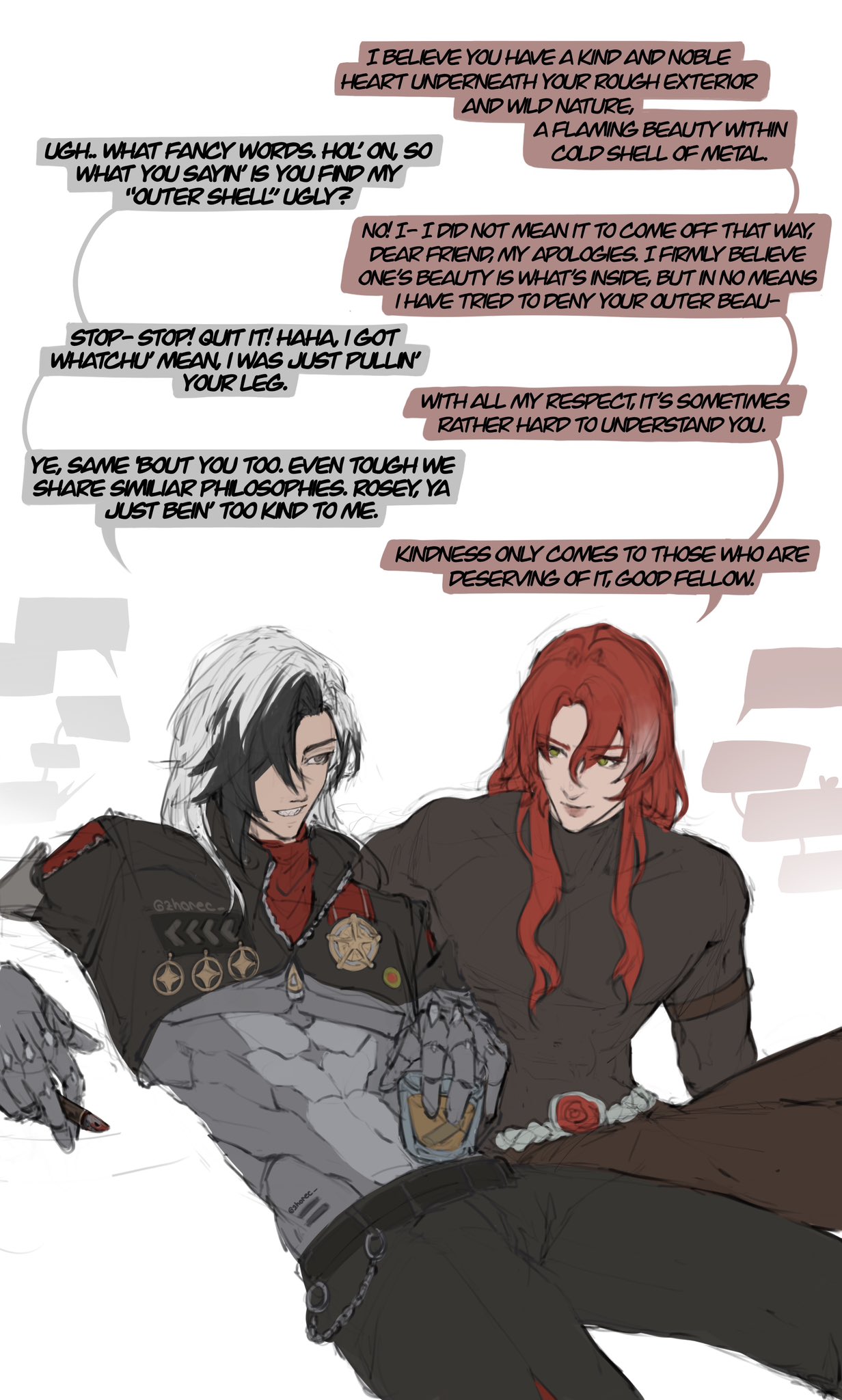 he image is a digital fanart depicting two male characters engaged in a conversation. the artwork has a comic or manga style, with speech bubbles containing their dialogue. the characters are physically close, creating a sense of intimacy or friendship. one character has white and black hair, while the other has long red hair. both are dressed in dark clothing with hints of metal or armor elements, suggestive of a futuristic or fantasy setting. the scene implies a close relationship with underlying romantic subtext, as their dialogue speaks of kindness, understanding, and appreciation for inner beauty despite outward appearances. the overall style is soft and expressive, creating a mood of tenderness and acceptance. the characters are shown relaxed, suggesting a comfortable and friendly atmosphere.