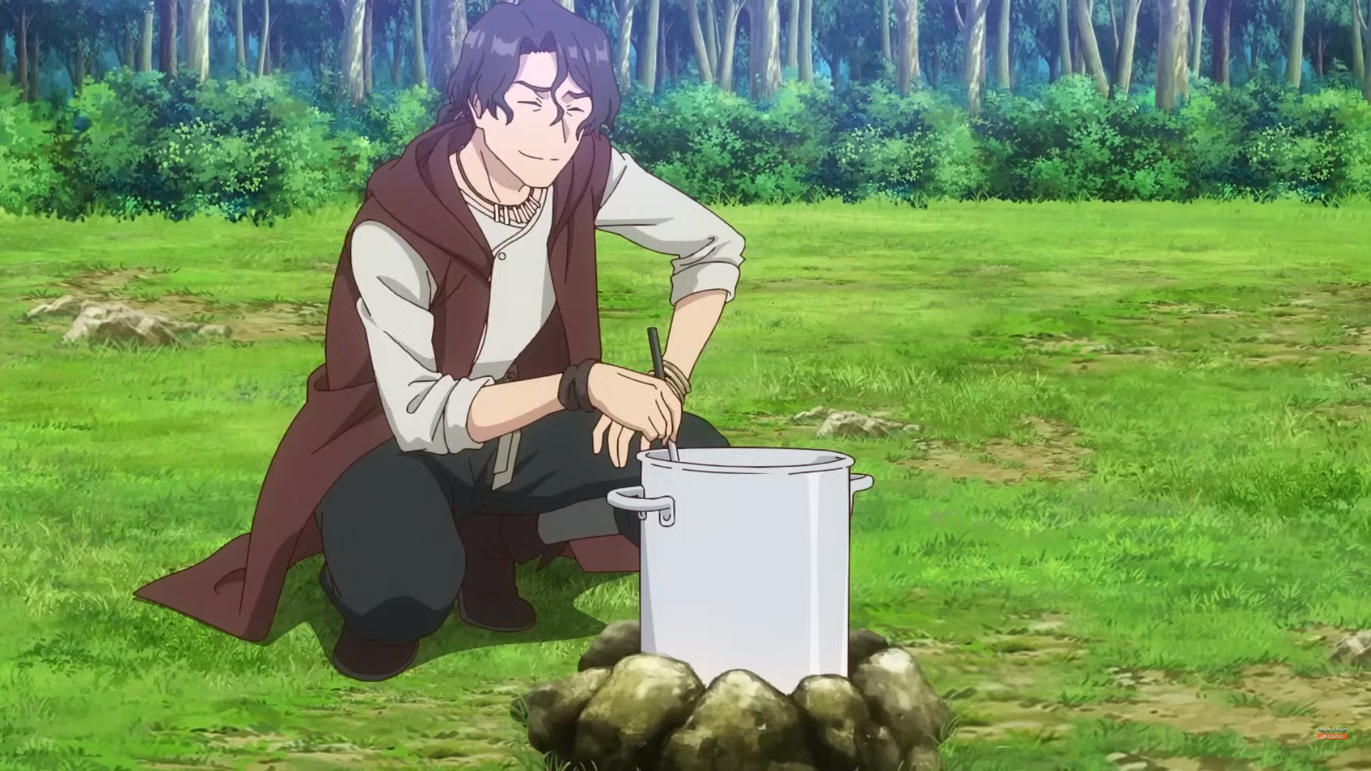 an anime character with brown hair and a maroon jacket is squatting over a campfire, stirring a pot. he is outside on a bright sunny day in a forest.
