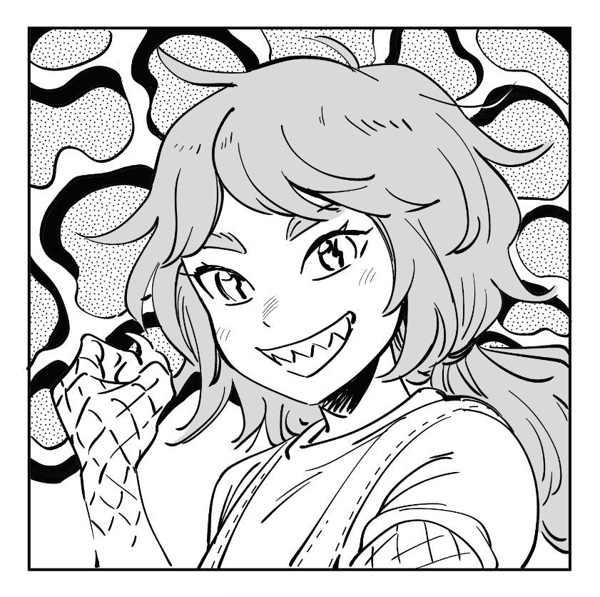 a black and white illustration of a girl with big eyes and a wide smile. she has her hair pulled back, and is wearing a simple tshirt. the background is a pattern of dots and curved lines.