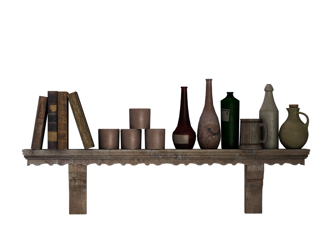 a shelf with books, bottles, pottery, mugs, and other items is shown against a black background.