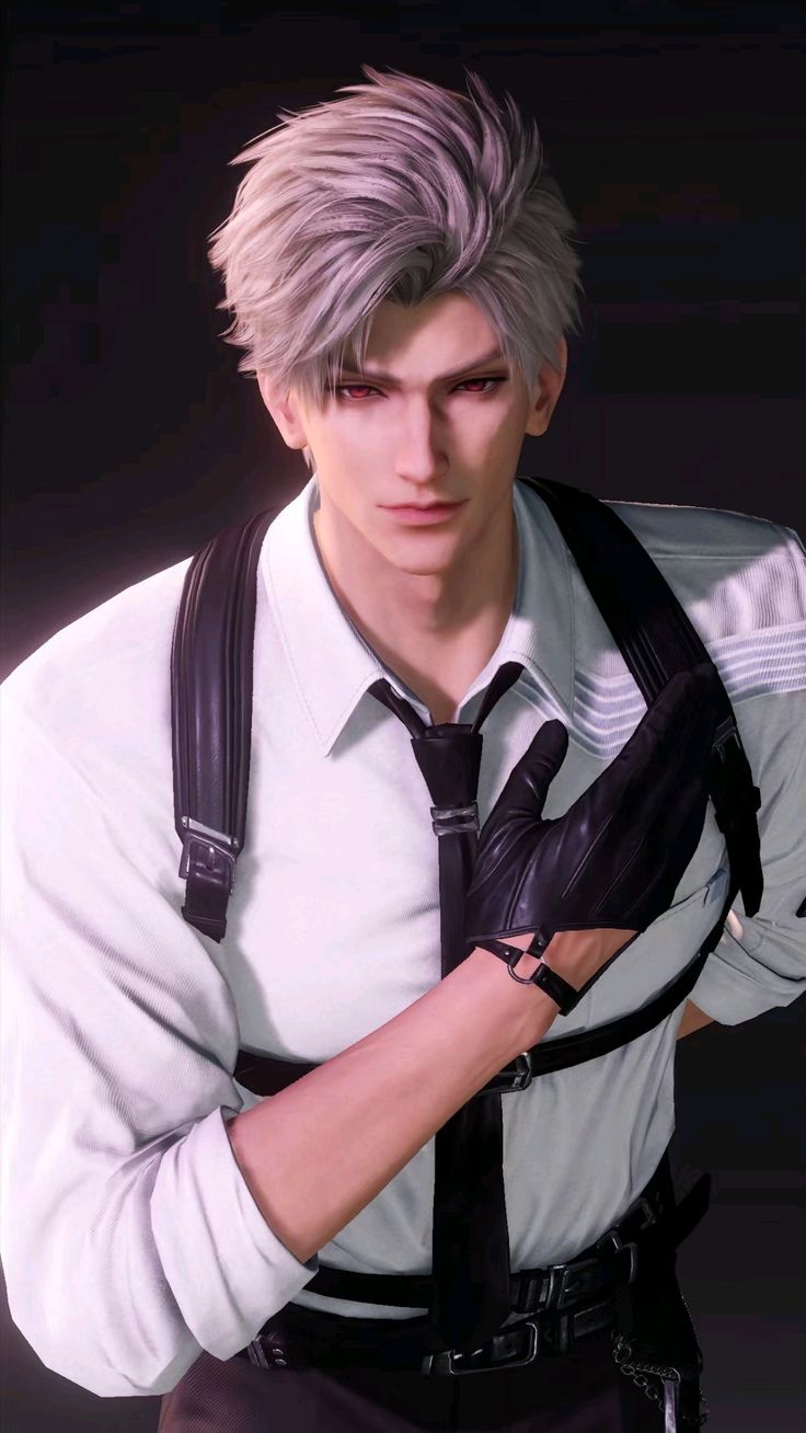 a digital illustration of a handsome young man with white hair, wearing a white buttondown shirt with a black tie, black leather gloves, and a black harness over his white shirt. he's looking straight into the camera and posing with one hand on his chest. he looks stylish and confident. the image is in a dark background.