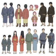 this image shows a collection of 14 anime character designs. the characters are drawn in a traditional japanese style, with many of them wearing kimonos or yukatas. the characters have a variety of hairstyles, skin tones, and facial features. the background is a plain white color, highlighting the characters and their designs.  the illustration appears to be a collection of  character designs, possibly for a manga or anime project.
