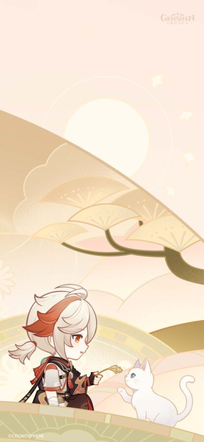a chibistyle illustration of ganyu from genshin impact. she is smiling and holding out a flower to a white kitten. the background is a soft pink and white with cherry blossom flowers.