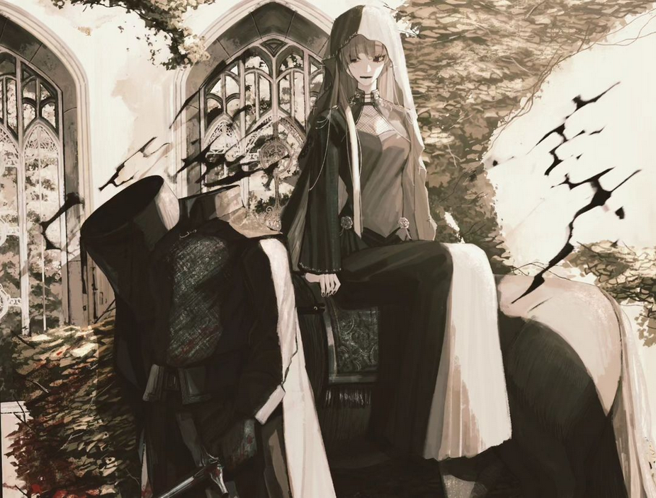 a young anime woman with long white hair and black eyes sits on a white horse in front of an old church, she is wearing a black dress and a white cloak, and has a very mysterious and dark look.