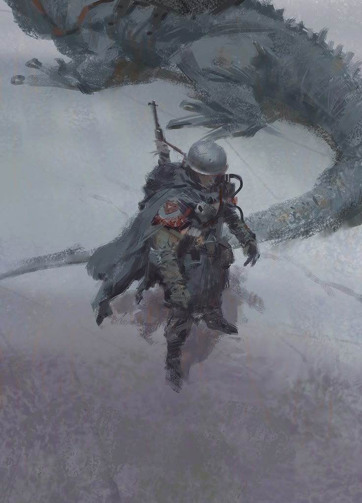 the digital painting depicts a lone soldier, clad in heavy, greyish clothing and a helmet, standing in a snowy, desolate landscape.  the soldier appears weathered and battleworn, carrying a rifle. a massive, grey, reptilian creature, possibly a dragon or similar mythical beast, lies partially in the snow behind the soldier, suggesting a recent encounter or confrontation. the overall mood is bleak, cold, and suggests a postapocalyptic or dystopian setting. the color palette is primarily muted greys and whites, with minimal use of color, which further accentuates the harsh and desolate atmosphere. the style is painterly and slightly impressionistic, emphasizing atmosphere and mood over precise detail.