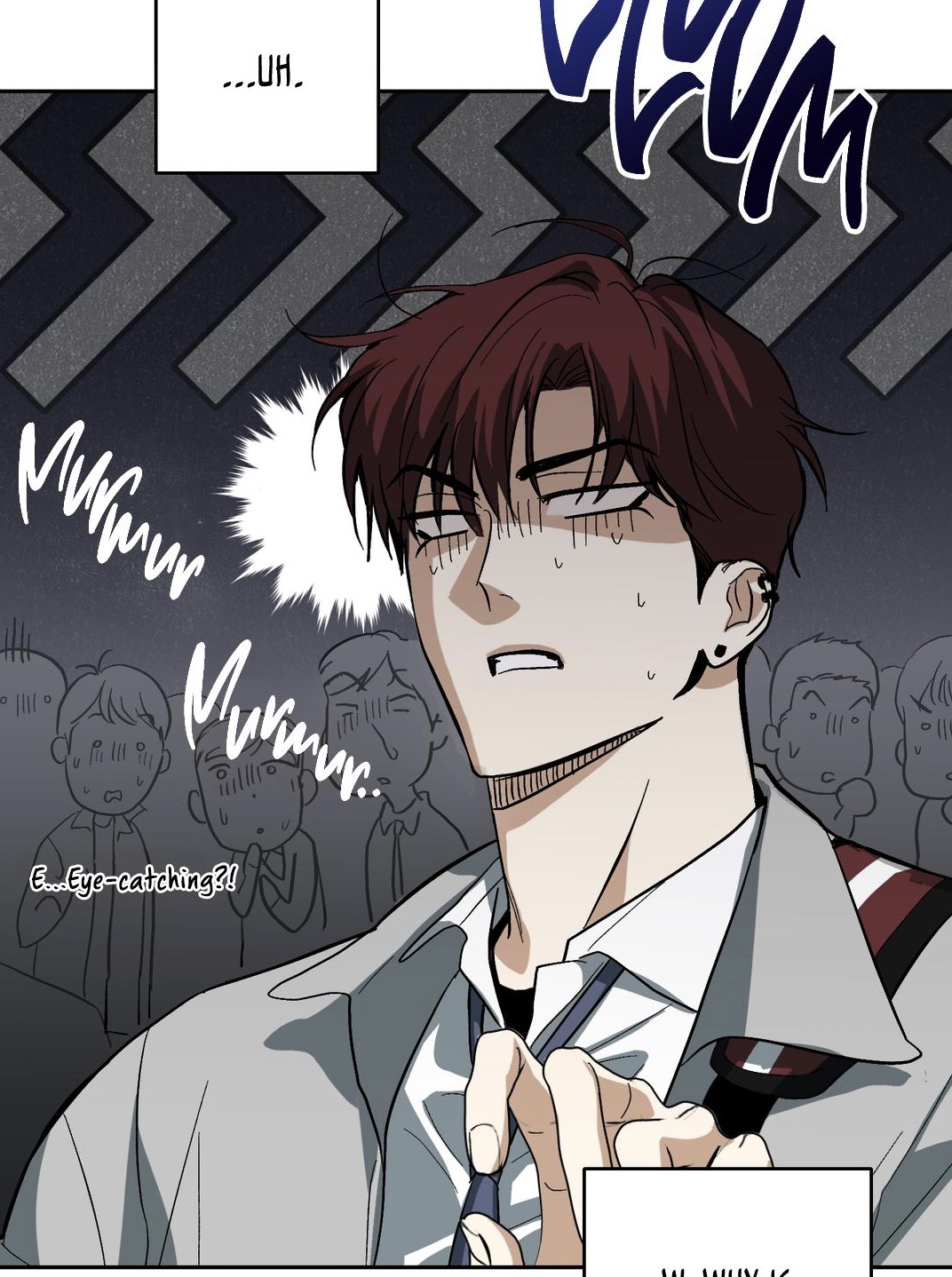 he image is a closeup of a mangastyle illustration featuring a young man with reddishbrown hair. he appears nervous or embarrassed, with sweat droplets visible on his face.  his expression is one of discomfort or anxiety. he's wearing a school uniformlike blazer with a visible tie, and his hands are near his neck.  in the background, small illustrations of people in the audience appear to be watching him, with speech bubbles indicating whispers and murmurs such as "eyecatching?!" the overall style suggests a scene from a manhwa or manga.  a speech bubble above him says "...uh." and another speech bubble appears below him which is partially cut off.