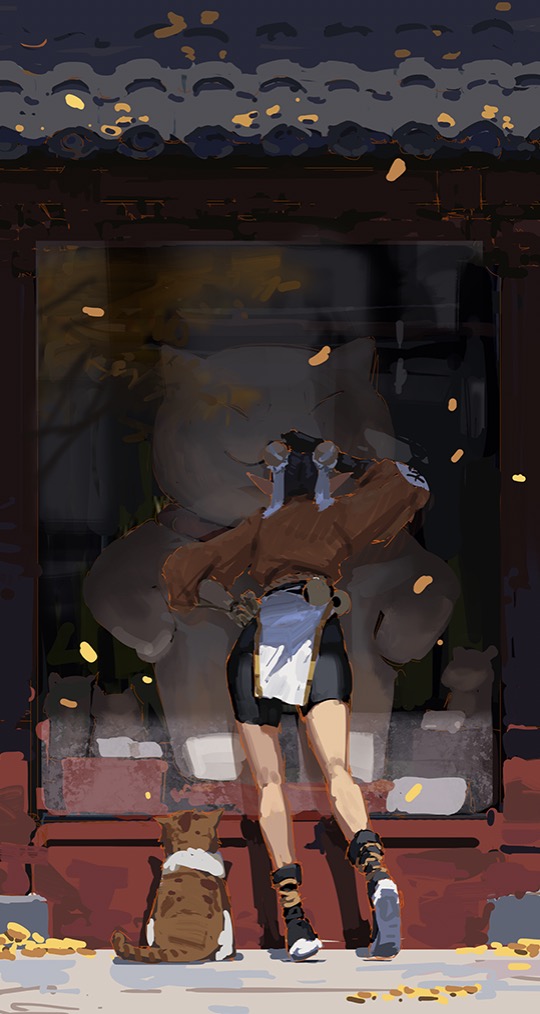 the digital painting depicts a young woman standing in front of a shop window. she is wearing a traditionalstyle outfit and is looking at a large, catlike statue inside the shop. a small cat sits on the ground in front of her. the style is reminiscent of anime or manga, with a painterly feel and a muted color palette. the scene is atmospheric, with falling leaves suggesting autumn.