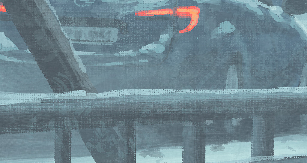 an abstract painting of an out of focus car, with a strong focus on a red taillight, driving through a city or town at night. the image is textured with brushstrokes and hints at a grunge aesthetic. the background is a blue, steellooking, textured grid or pattern.