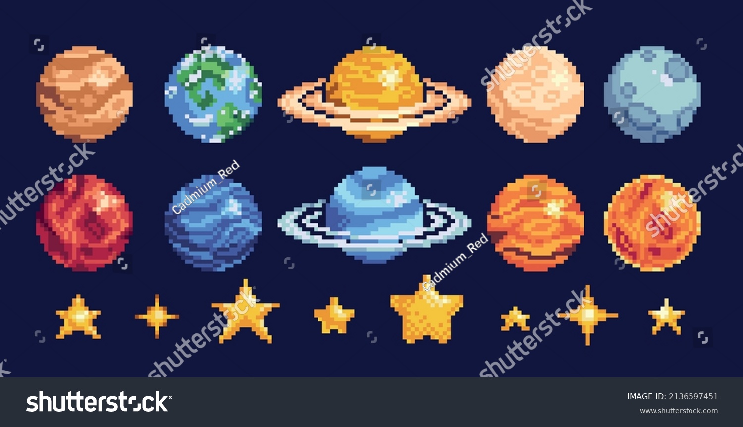 this is a set of pixel art planets and stars. there are 9 planets of different colors and sizes, and 5 stars of different colors and sizes. the background is dark blue.