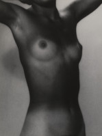 a black and white photograph of a nude female torso. the image is highly stylized, with strong contrasts between light and shadow creating an abstract and sensual effect. the focus is on the form and texture of the body, rather than specific details. the overall mood is one of classic beauty and artistic exploration.