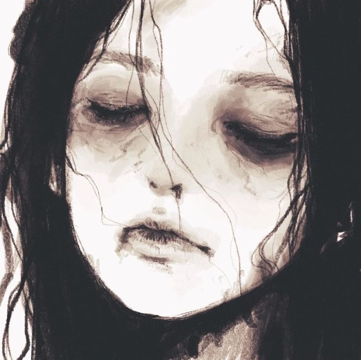 the image is a closeup monochrome portrait of a young woman's face.  her eyes are closed, and her expression is one of profound sadness or melancholy.  her long, dark hair partially obscures her face. the style is painterly and expressive, with visible brushstrokes and textures creating a sense of depth and emotion.  the overall tone is sepiatoned or grayscale, contributing to the somber mood.  there are subtle details suggesting tears or streaks on her face, enhancing the feeling of sadness and vulnerability. the artwork has a slightly ethereal and mysterious quality.