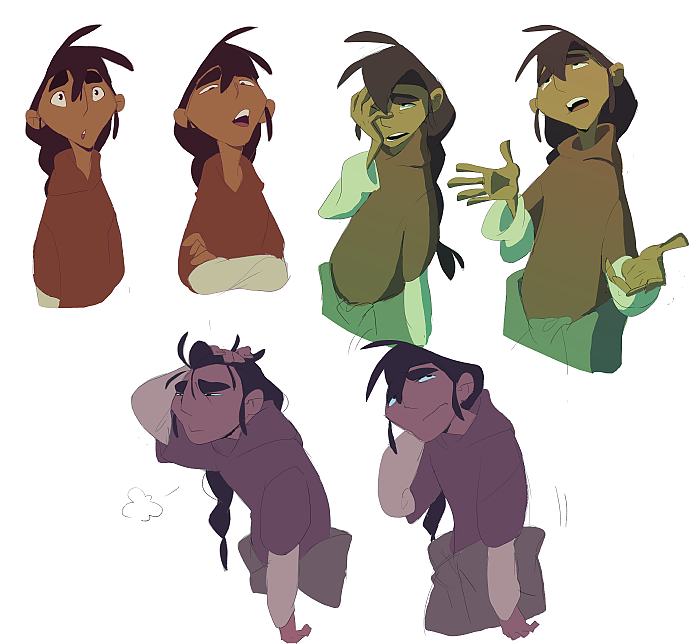 the image shows six cartoon drawings of a young male character in various poses and expressions. each character is drawn in a similar style, with a long braid of hair, and wearing casual clothing. the first two characters have a surprised or shocked expression, with their eyes wide open. the third character is shown looking down at his hands, as if he is thinking or worried. the fourth character is smiling and talking, as if he is in a relaxed and happy mood. the fifth character is looking down at his hands, as if he is bored or tired. the last character is looking up at something, as if he is curious or interested. the image is likely a character design or animation frame.