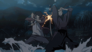 the image is a still from an anime depicting a dynamic sword fight between two samurai at night.  they're engaged in closequarters combat, sparks flying as their swords clash. the scene is set near water, with splashes evident as they move. the overall atmosphere is dark and dramatic, emphasizing the intensity of the battle.  both samurai are dressed in traditional japanese clothing.