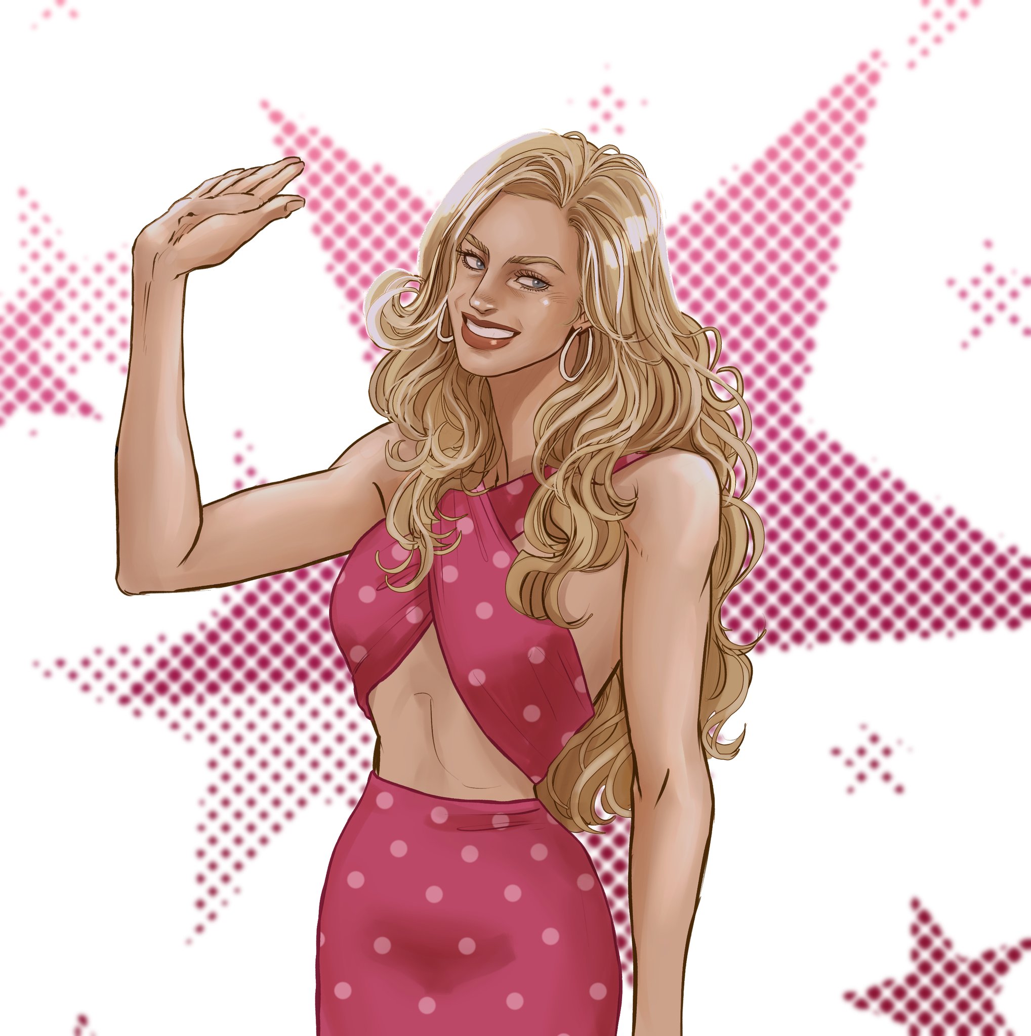 a cartoon style image of a smiling blonde woman in a pink polka dot dress waving. she is standing in front of a white background with pink star pattern.