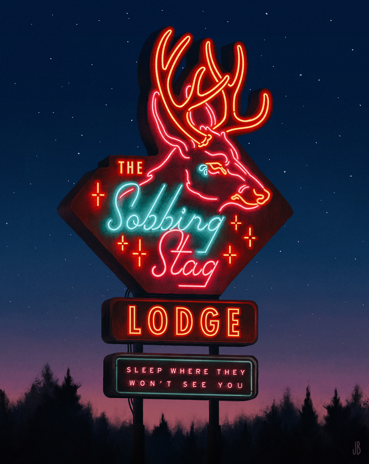 the image depicts a digital illustration of a retro neon sign for a lodge called "the sobbing stag lodge."  the sign features a stylized deer head with large antlers, glowing in bright red neon. the name of the lodge is written in a stylized script font, also in neon, with teal accents. below the main sign, a smaller neon sign reads, "sleep where they won't see you," adding a mysterious and somewhat ominous tone. the sign is set against a dark night sky filled with stars and a silhouetted forest in the foreground, contributing to an overall moody and atmospheric feel. the artistic style suggests a vintage roadside motel, possibly in a remote location. the overall color scheme is predominantly red and teal against the dark background, creating a visually striking contrast.