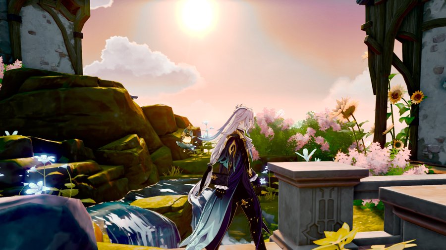 the image is a screenshot from the video game genshin impact. it depicts a female animestyle character with long purple hair, wearing elegant dark clothing, walking along a path in a serene fantasy landscape. the setting includes a small waterfall, lush vegetation with various flowers (sunflowers, pink blossoms, and blue flowers), and stone ruins bathed in the warm light of a setting sun.  the overall aesthetic is peaceful and beautiful, typical of the game's artistic style.