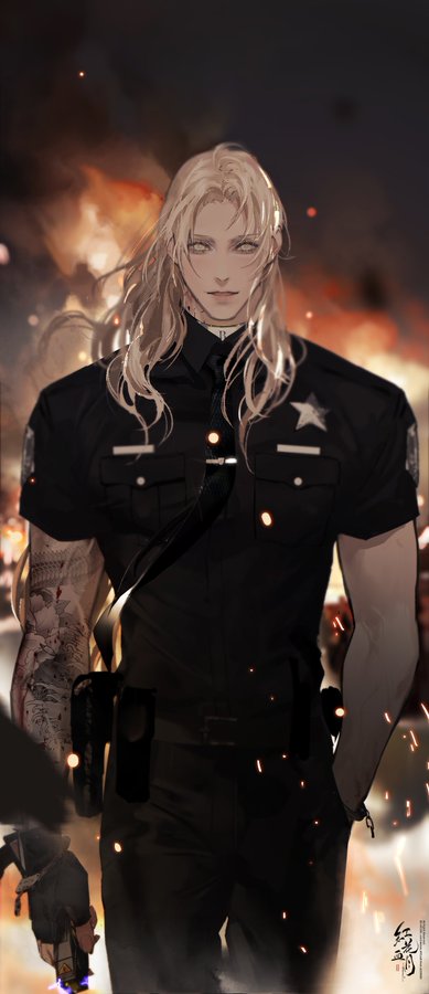 the image is a digital illustration of a male anime character with white hair, blue eyes, and a black police uniform. he's standing in a dark city with fire and explosions in the background. the character is  serious and holding a gun in his holster. he has a determined look on his face and seems to be on a mission. the image has a dark and actionpacked atmosphere.