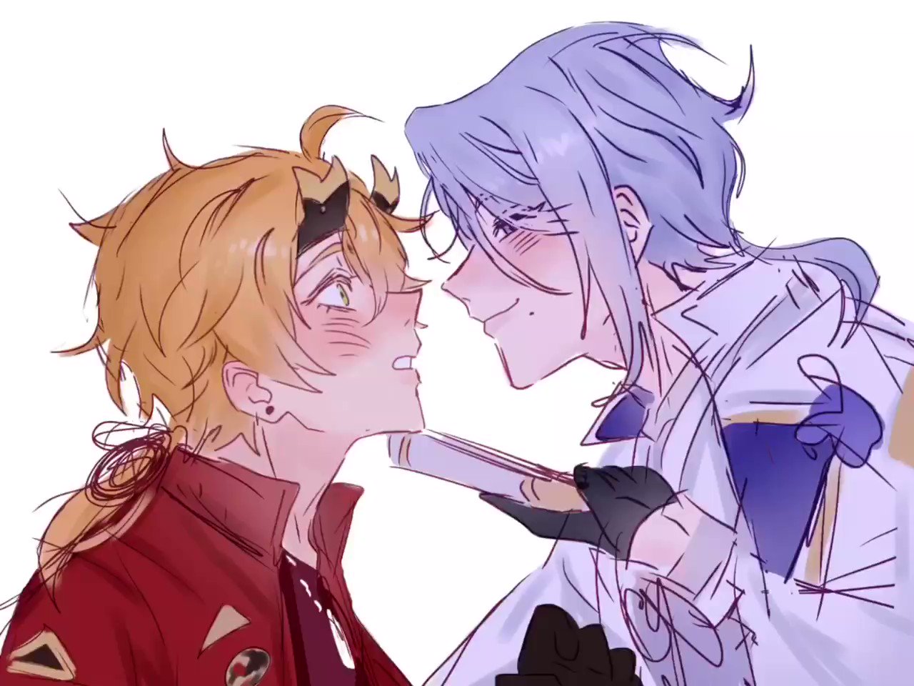 this anime illustration features two young men, one with blonde hair and red clothing, the other with purple hair and a white outfit, looking at each other with blushing faces.  they are in a romantic pose, and the scene is full of love and affection. the style of the illustration is cute and charming, with soft colors and a focus on the characters' expressions. the image conveys a sense of happiness and connection between the two individuals.