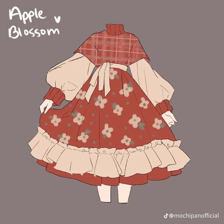 the image showcases a digital fashion illustration titled "apple blossom." it features a dress with a red floral print and ruffled detailing. the dress has a high collar, long, puffy sleeves with plaid cuffs, and a cinched waist tied with a ribbon.  the skirt is tiered with a ruffled hemline. the overall style evokes a whimsical and romantic aesthetic, hinting at a cottagecore inspiration.