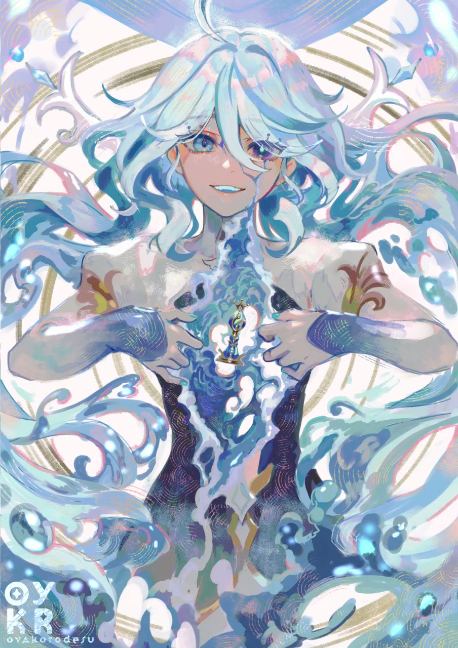 this is a digital illustration of an anime girl with blue hair. she is surrounded by water and waves, and she is holding a small golden object in her hands. the image is set against a backdrop of abstract shapes and patterns. the colors are primarily blue and white, with hints of gold and purple. the overall effect is one of fantasy and magic.