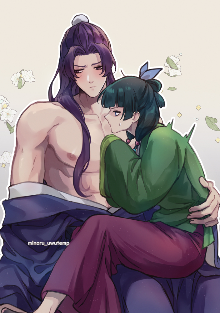 this is a digital illustration featuring a couple. the male character has dark purple hair and is wearing a dark purple and blue robe. the female character is wearing a green and white dress. they are hugging each other and both are blushing. the background features white flowers, a light purple color and some gold sparkles.