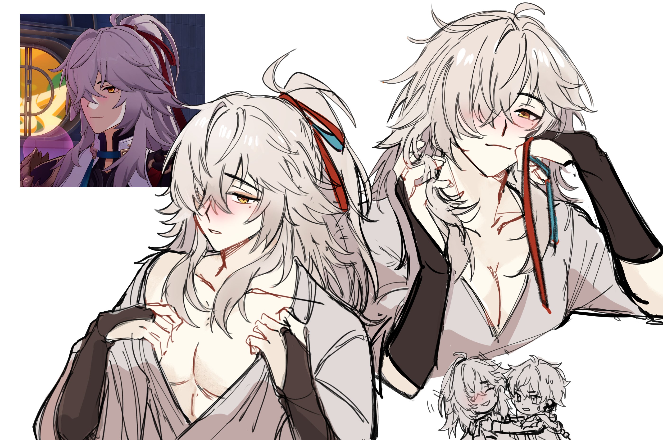 the image shows a digital art sketch of two anime characters. the characters are both male and have long white hair, with the one on the left wearing a white shirt and black sleeves, and the one on the right wearing a white shirt with black sleeves. the characters are both smiling and blushing, and there is a red ribbon tied around the character on the right's neck. the image is set against a white background, and there are some other sketches of people in the background. overall, the image is a cute and adorable depiction of two anime characters in love.
