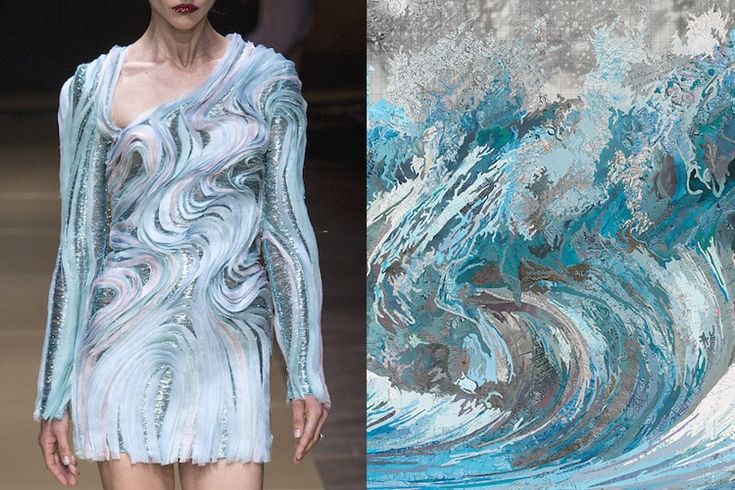 a woman wearing a blue and silver dress with a wavelike pattern is standing on a runway. the dress is made of sequins and embroidery, and it looks like it's made from a fabric that's been sculpted to look like waves. the dress is very glamorous and beautiful. on the right side of the image, you see the detail of the dress fabric, which looks like a painting of waves.