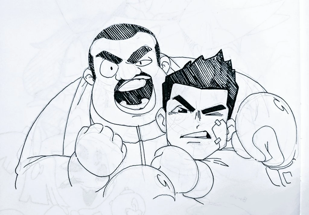 a black and white line drawing of two men boxing. the man on the left is bigger and has a more intimidating expression. the man on the right has a cut on his cheek and looks determined. they are both wearing boxing gloves and are in the middle of a fight. the drawing is done in a cartoon style.