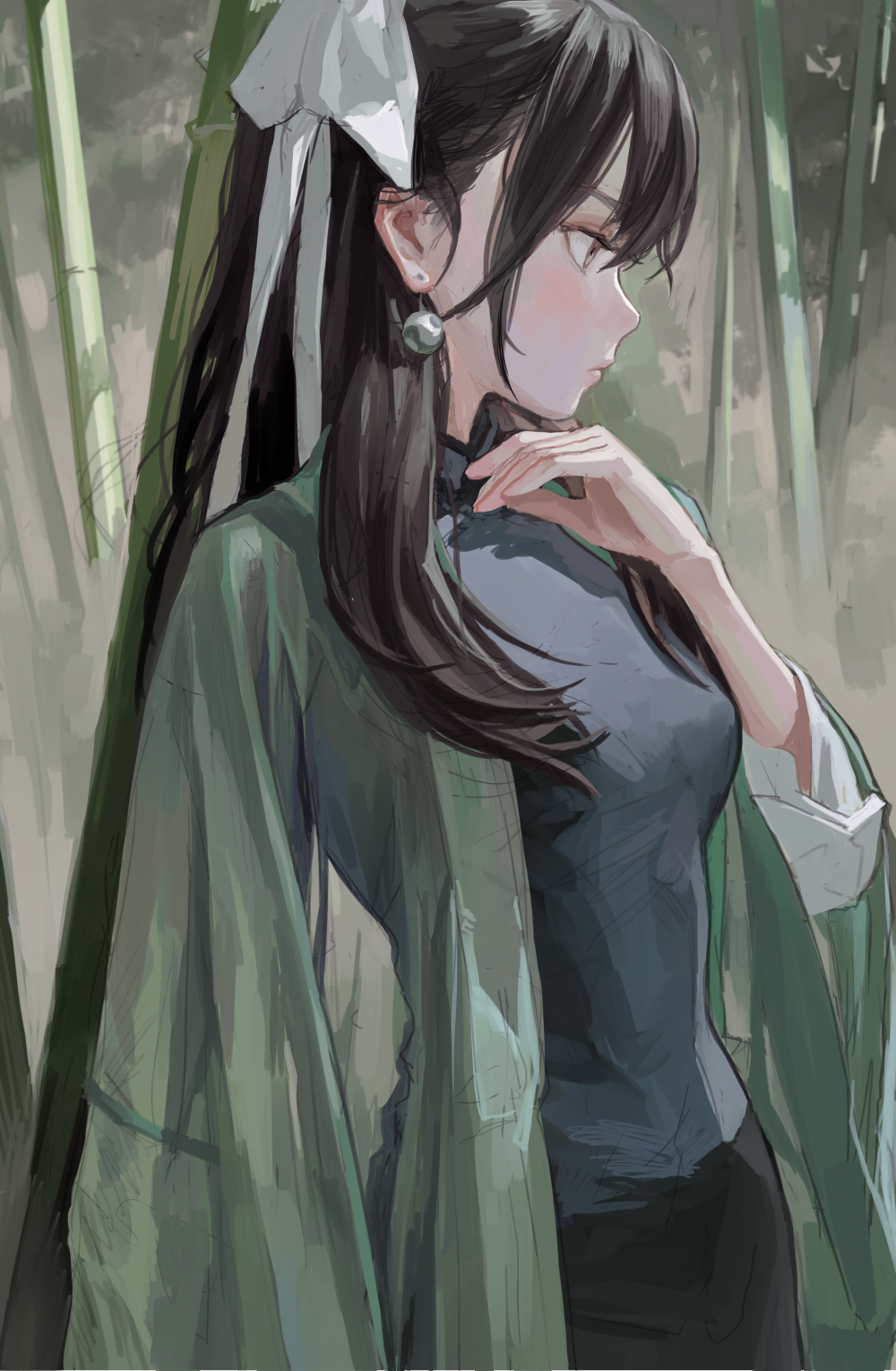 animestyle image of a girl with brown hair, wearing a black dress and a green kimono, with a white ribbon in her hair. she is standing in front of bamboo and is looking off to the side.